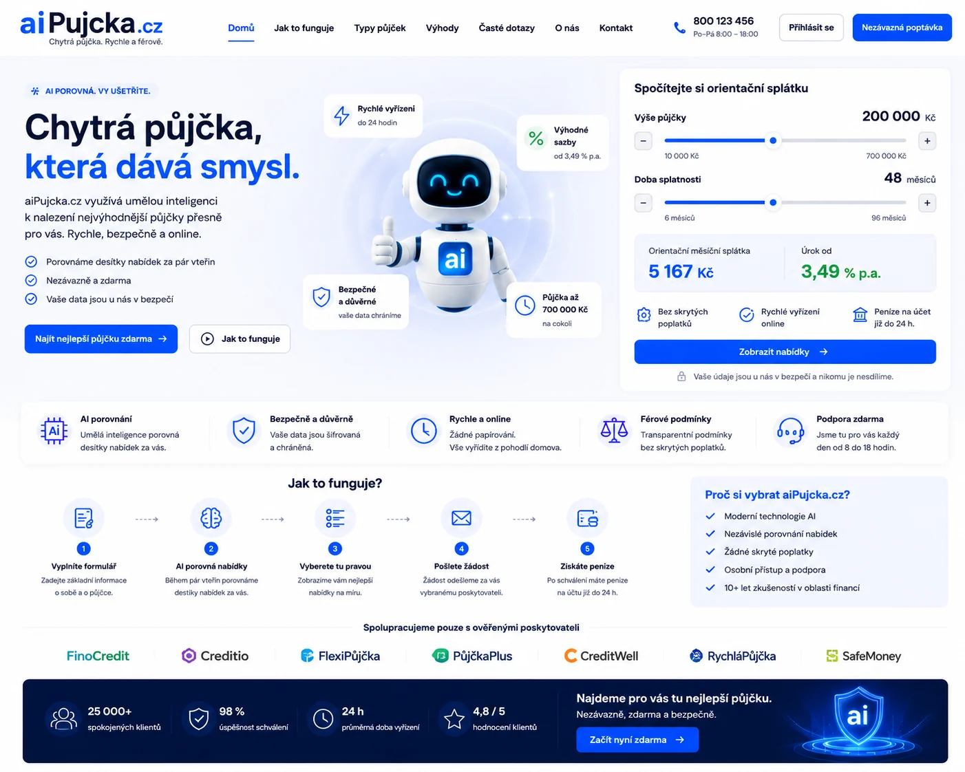 Vizuální návrh možného projektu aiPujcka.cz zaměřeného na AI orientaci v půjčkách a úvěrových možnostech