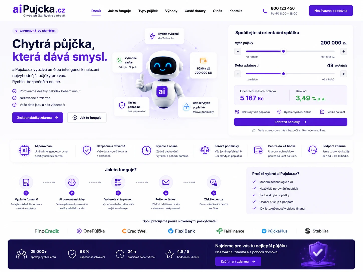 Vizuální návrh možného projektu aiPujcka.cz zaměřeného na AI orientaci v půjčkách a úvěrových možnostech